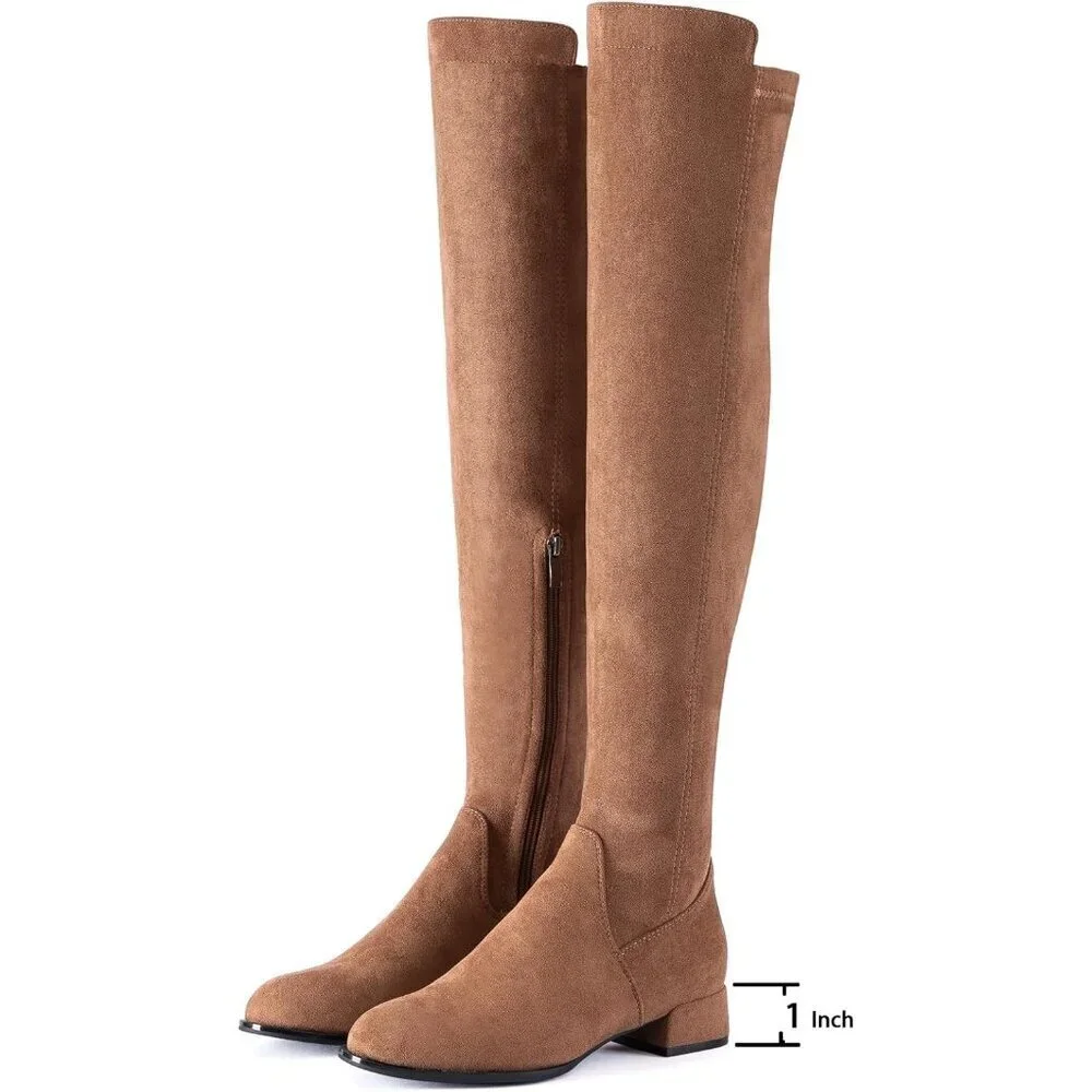 Women Brown/Flat Suede Over the Knee Thigh High Chunky Block Heel Winter Boots